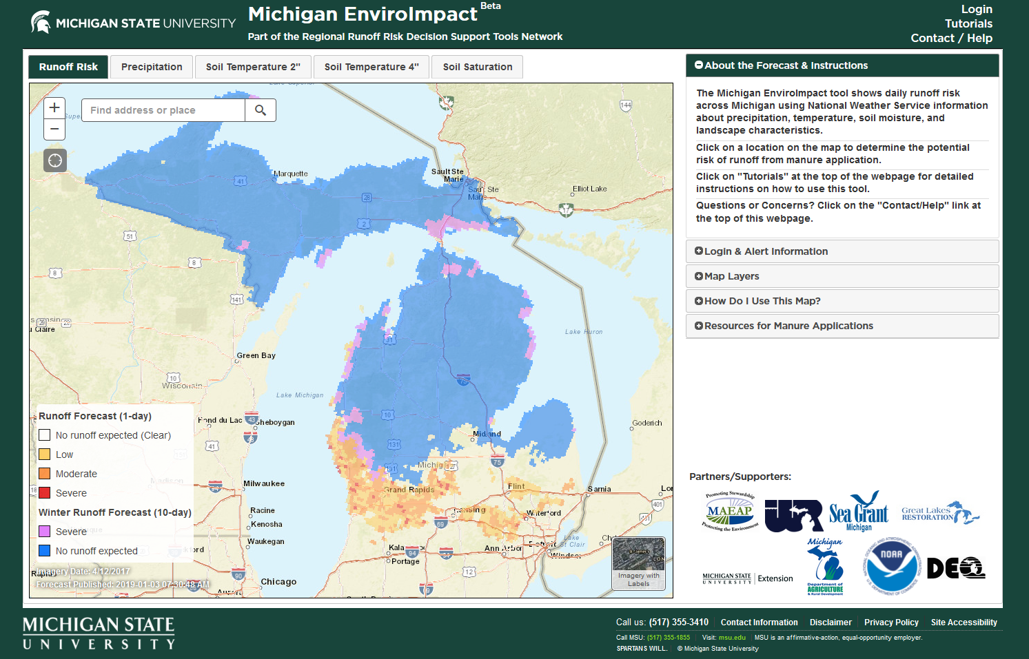 A computer screenshot shows what the EnviroImpact Tool looks like with a specific day's forecast shown.